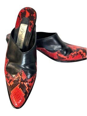 Brighton Womens Black Red Leather Y2K Era Snakeskin Mules Size 6M Made in Italy